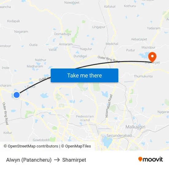 Alwyn (Patancheru) to Shamirpet map