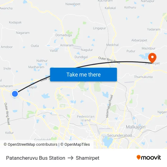 Patancheruvu Bus Station to Shamirpet map