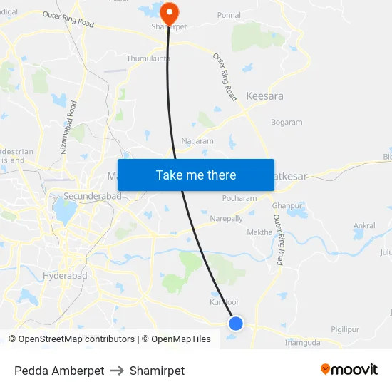 Pedda Amberpet to Shamirpet map