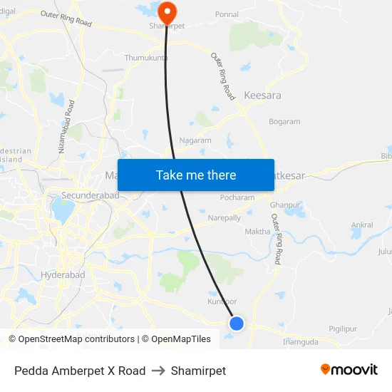 Pedda Amberpet X Road to Shamirpet map