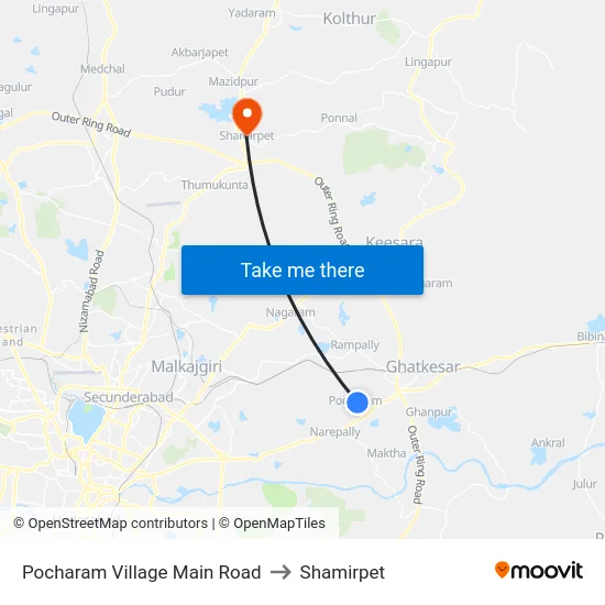 Pocharam Village Main Road to Shamirpet map
