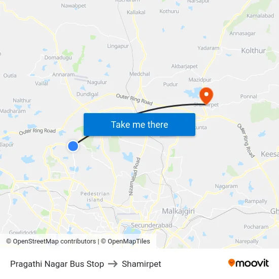 Pragathi Nagar Bus Stop to Shamirpet map