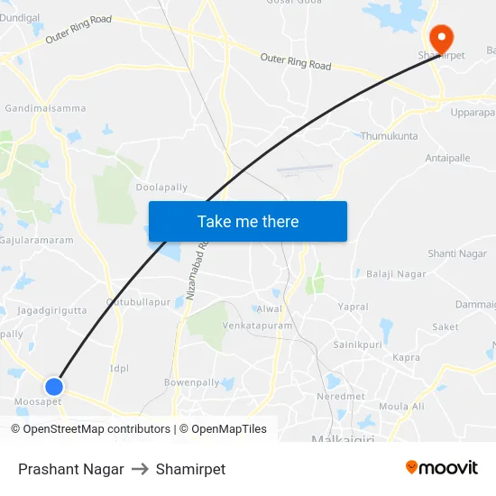 Prashant Nagar to Shamirpet map
