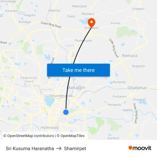 Sri Kusuma Haranatha to Shamirpet map