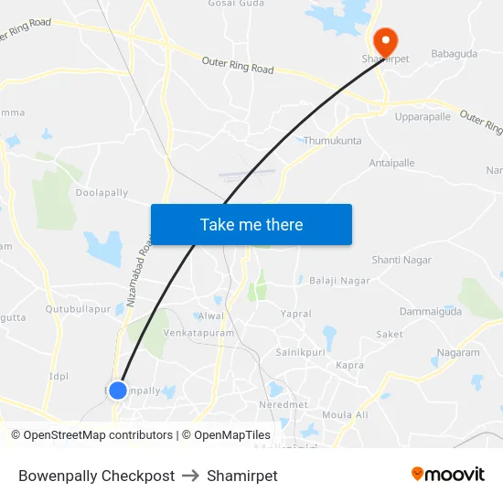 Bowenpally Checkpost to Shamirpet map