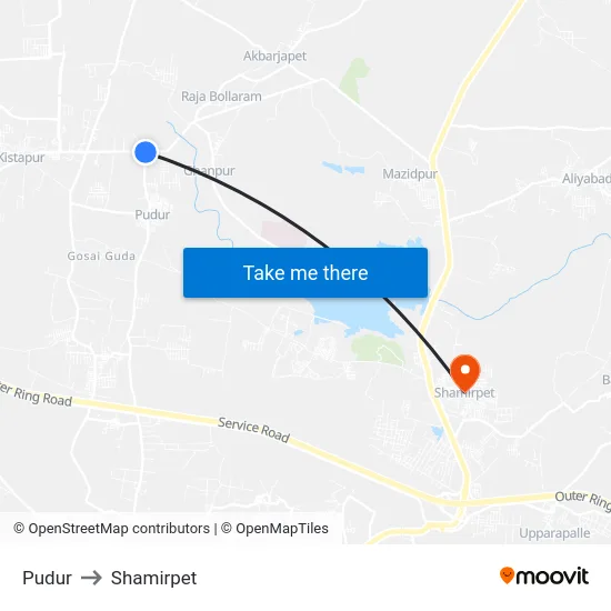 Pudur to Shamirpet map