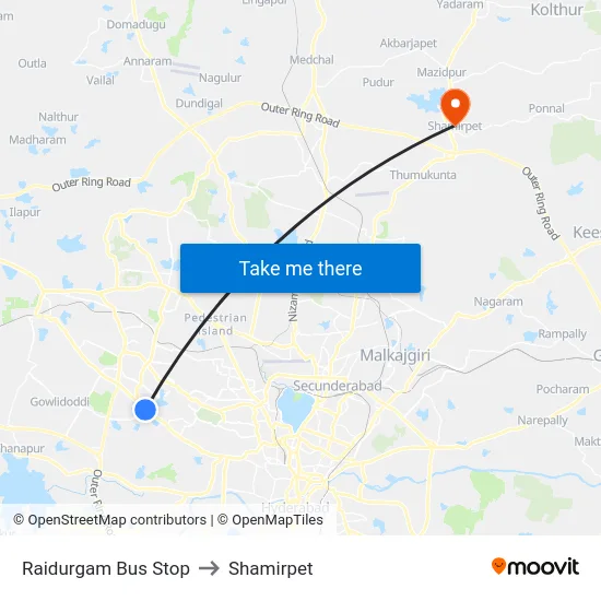 Raidurgam Bus Stop to Shamirpet map
