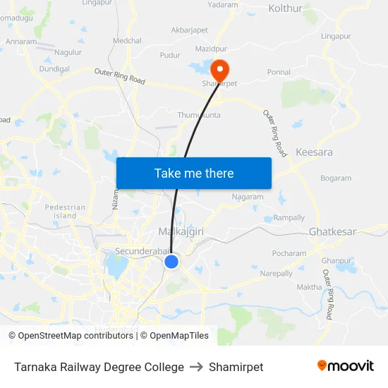 Tarnaka Railway Degree College to Shamirpet map