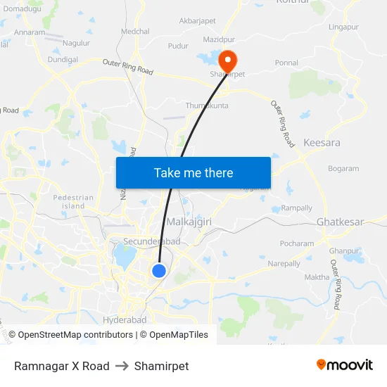 Ramnagar X Road to Shamirpet map