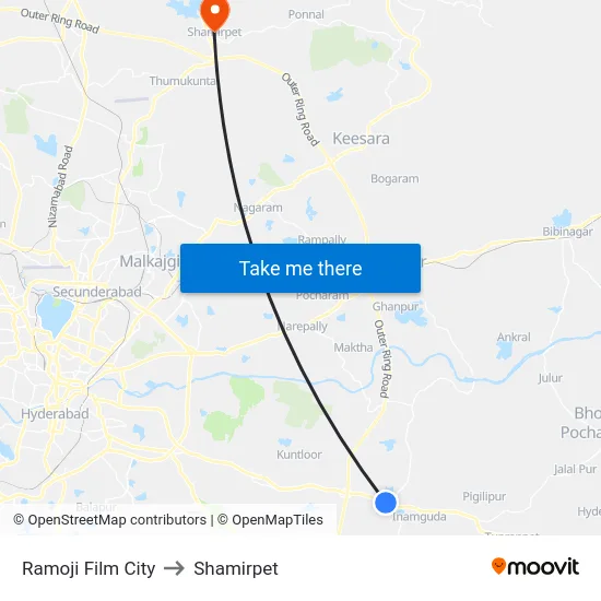 Ramoji Film City to Shamirpet map