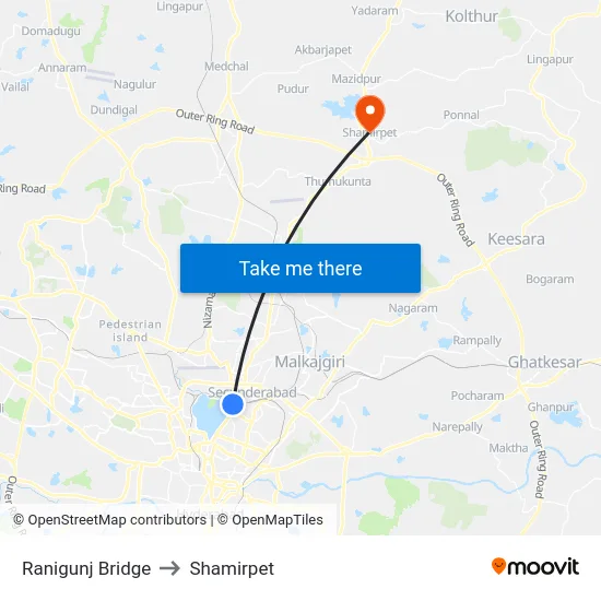 Ranigunj Bridge to Shamirpet map