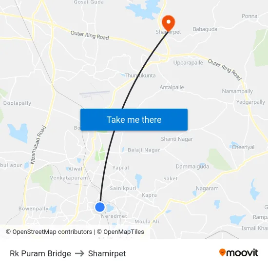 Rk Puram Bridge to Shamirpet map