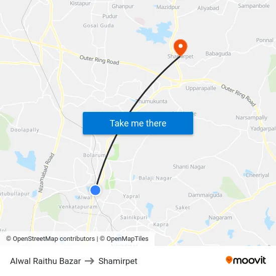 Alwal Raithu Bazar to Shamirpet map