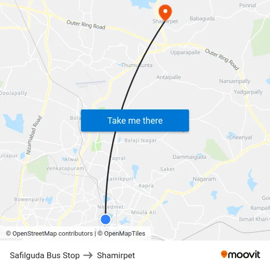 Safilguda Bus Stop to Shamirpet map