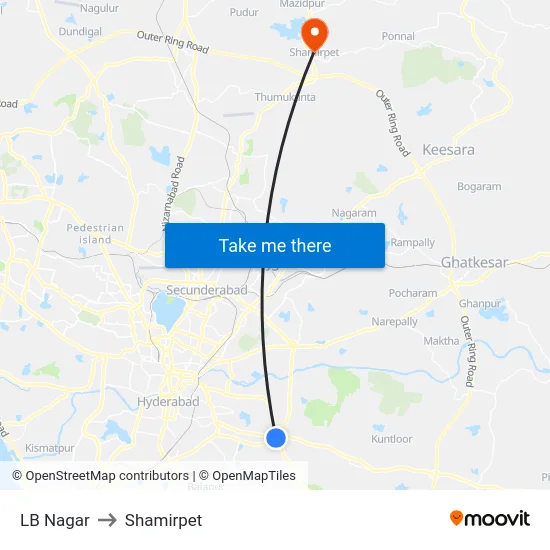 LB Nagar to Shamirpet map