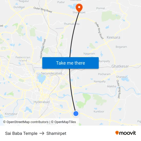 Sai Baba Temple to Shamirpet map