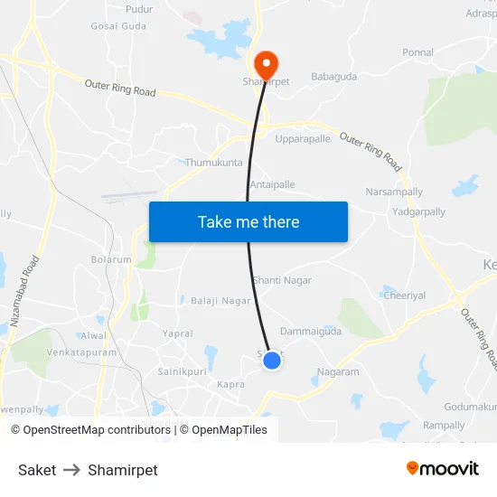 Saket to Shamirpet map