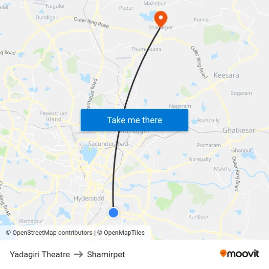 Yadagiri Theatre to Shamirpet map