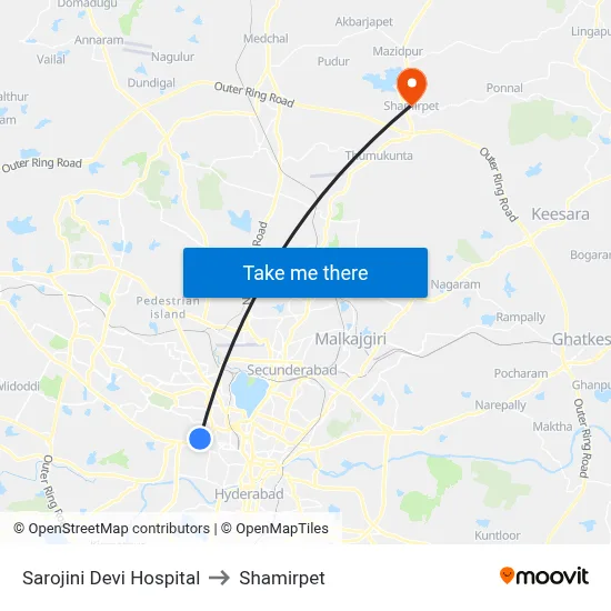 Sarojini Devi Hospital to Shamirpet map