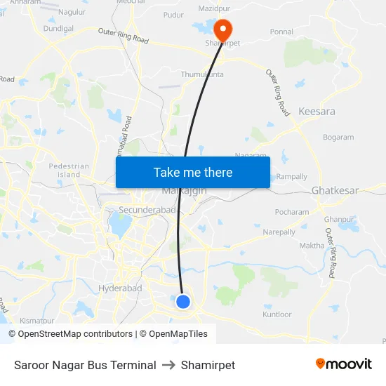 Saroor Nagar Bus Terminal to Shamirpet map