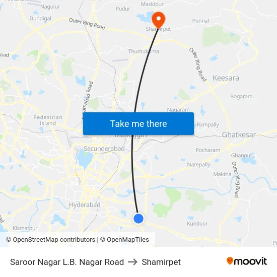 Saroor Nagar L.B. Nagar Road to Shamirpet map
