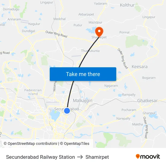 Secunderabad Railway Station to Shamirpet map