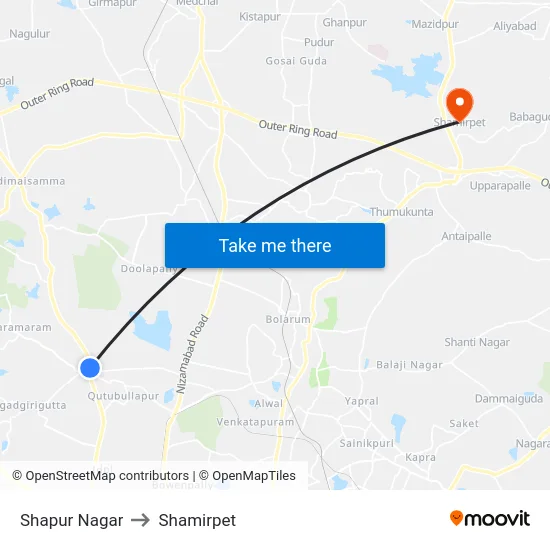 Shapur Nagar to Shamirpet map