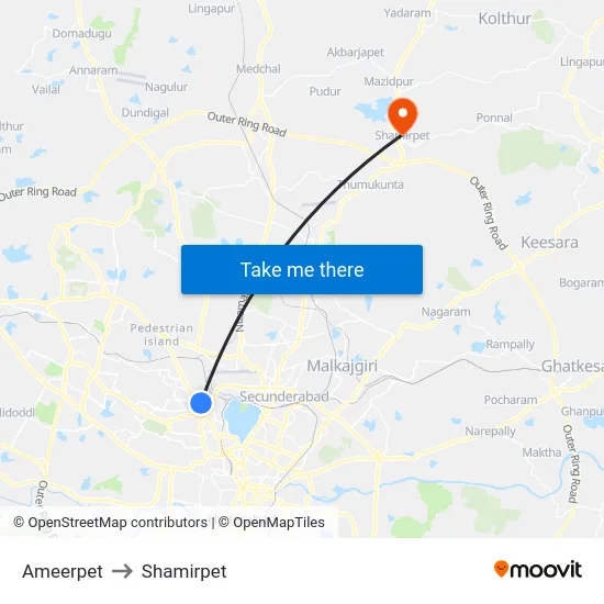 Ameerpet to Shamirpet map