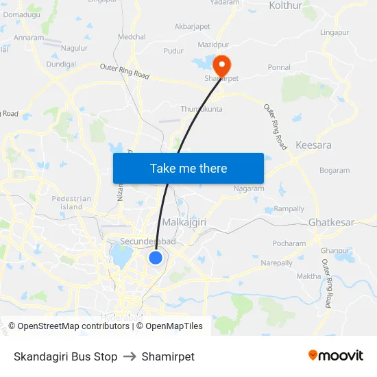 Skandagiri Bus Stop to Shamirpet map