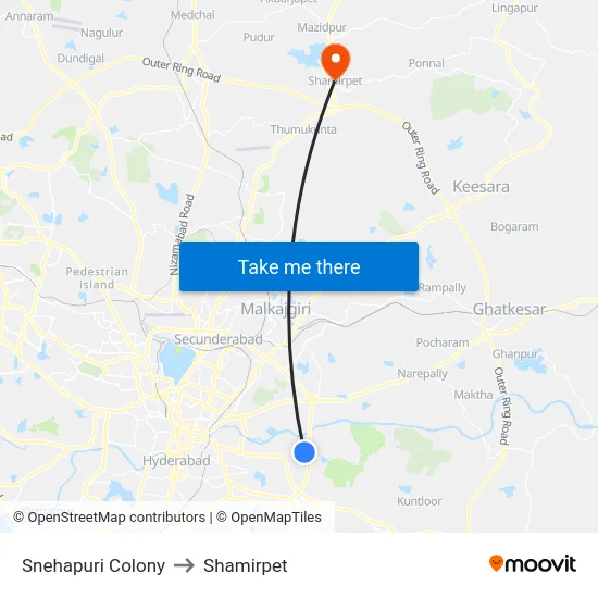 Snehapuri Colony to Shamirpet map