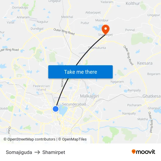 Somajiguda to Shamirpet map