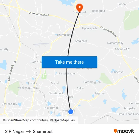 S.P Nagar to Shamirpet map