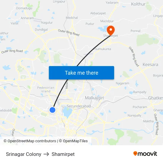 Srinagar Colony to Shamirpet map