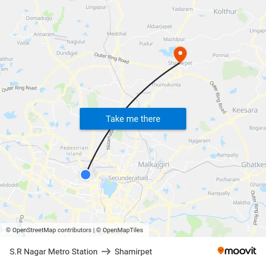 S.R Nagar Metro Station to Shamirpet map