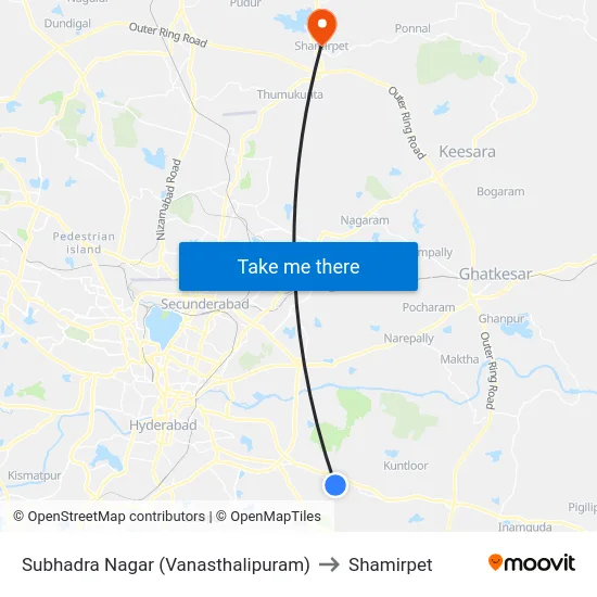 Subhadra Nagar (Vanasthalipuram) to Shamirpet map