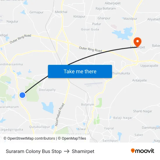 Suraram Colony Bus Stop to Shamirpet map