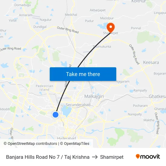 Banjara Hills Road No 7 / Taj Krishna to Shamirpet map