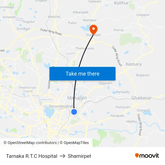 Tarnaka R.T.C Hospital to Shamirpet map