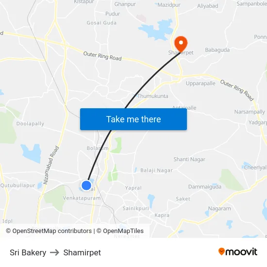 Sri Bakery to Shamirpet map