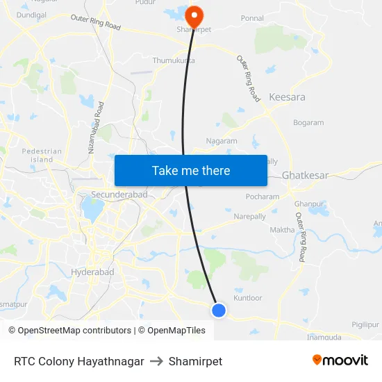 RTC Colony Hayathnagar to Shamirpet map