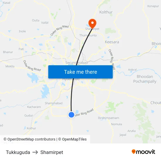 Tukkuguda to Shamirpet map