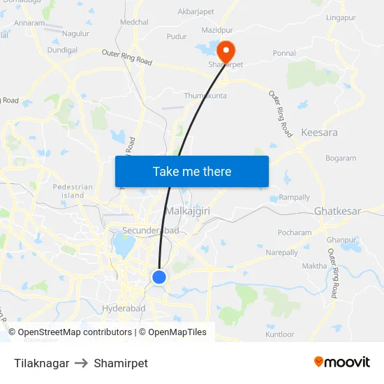 Tilaknagar to Shamirpet map