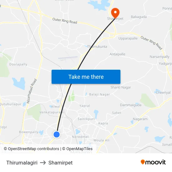 Thirumalagiri to Shamirpet map