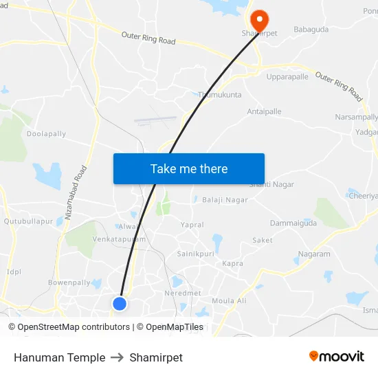 Hanuman Temple to Shamirpet map