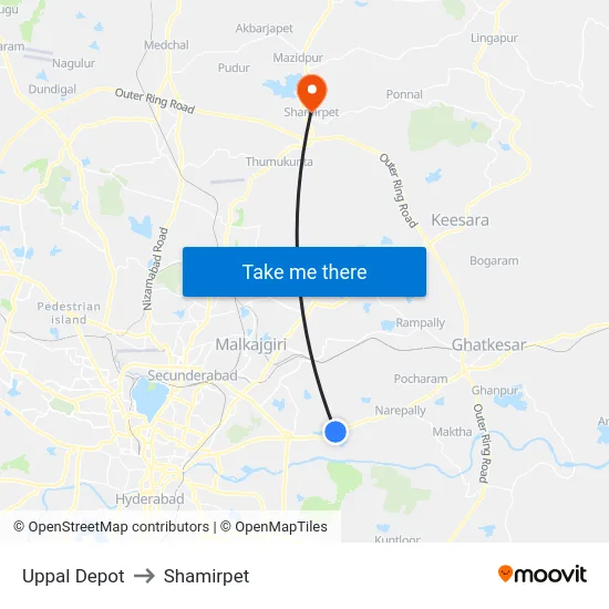 Uppal Depot to Shamirpet map