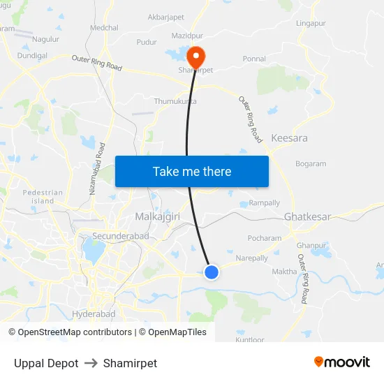 Uppal Depot to Shamirpet map