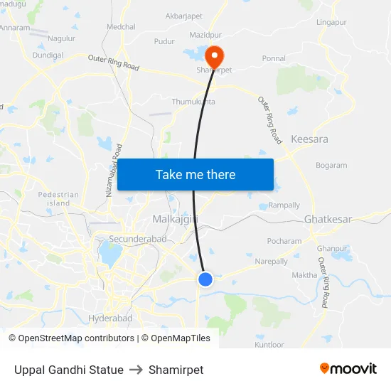 Uppal Gandhi Statue to Shamirpet map