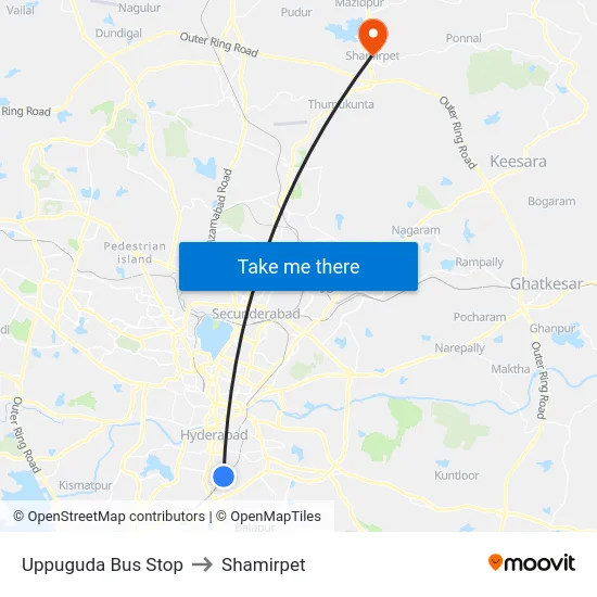 Uppuguda Bus Stop to Shamirpet map