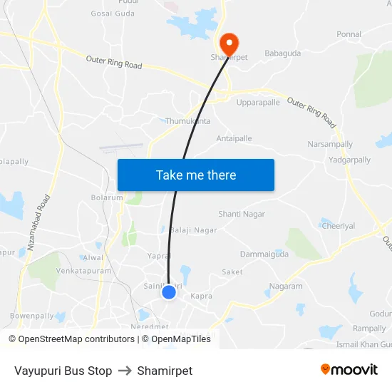 Vayupuri Bus Stop to Shamirpet map