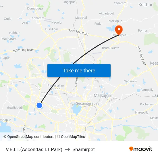 V.B.I.T.(Ascendas I.T.Park) to Shamirpet map